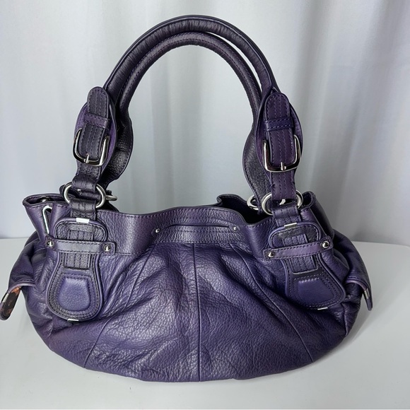 B. Makowsky Purple Pebbled Leather Satchel Cheetah Lining EUC - Picture 2 of 16